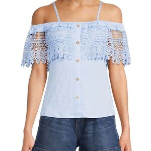 No Boundaries blue Juniors Button Front Off The Shoulder Top
